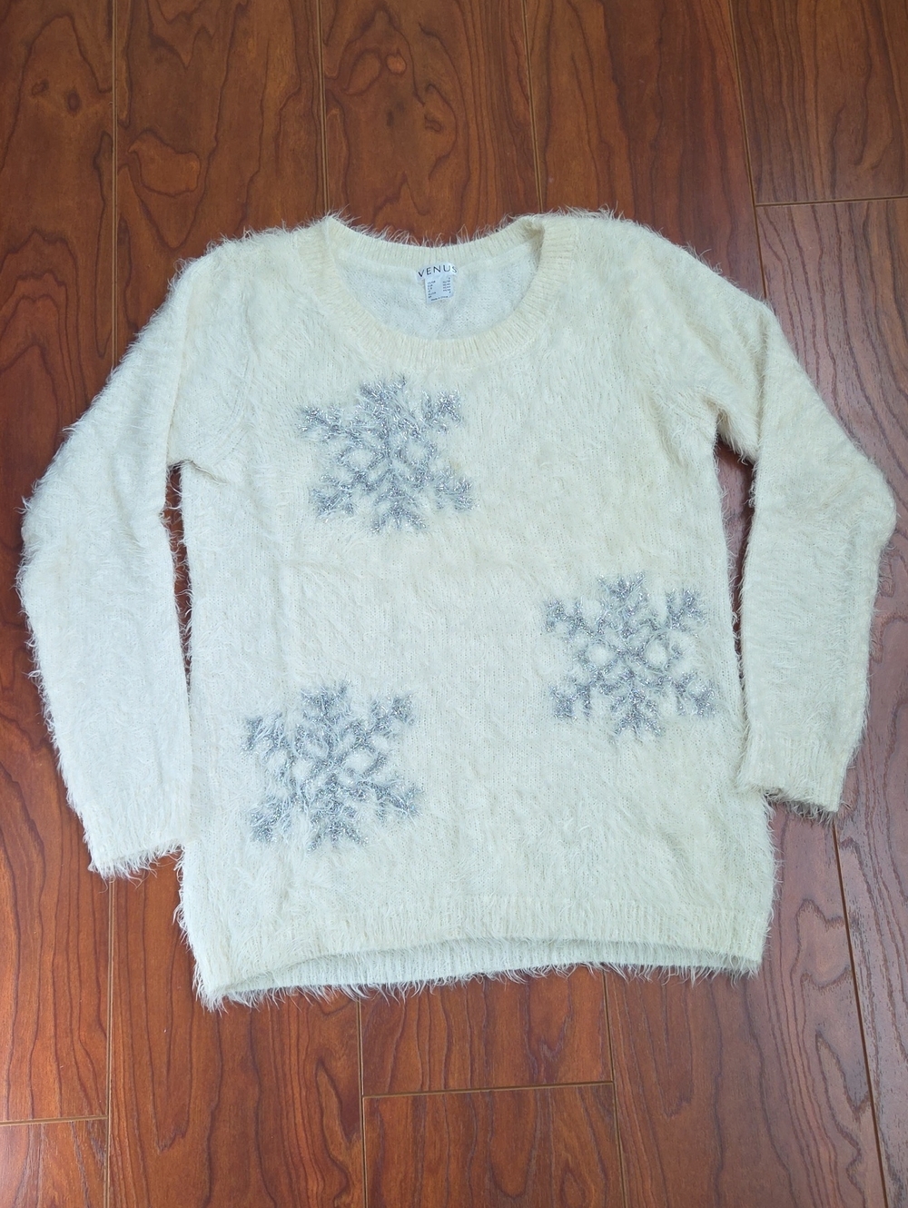 VENUS Cream Fuzzy Sweater with Silver Snowflake Accents